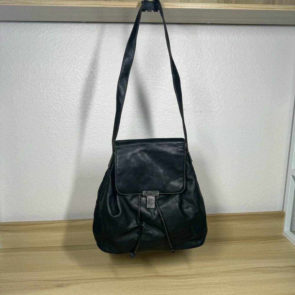 Ralph Lauren Leather Drawstring Bucket Shoulder Bag‎ Hobo Black